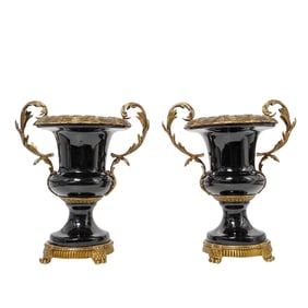 Pair of Black Porcelain and Bronze Urns