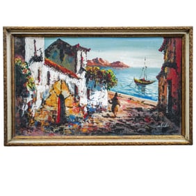 Signed European Port Oil on Panel Painting