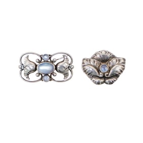 (2 Pc) Georg Jensen Sterling Silver & Moonstone Brooches