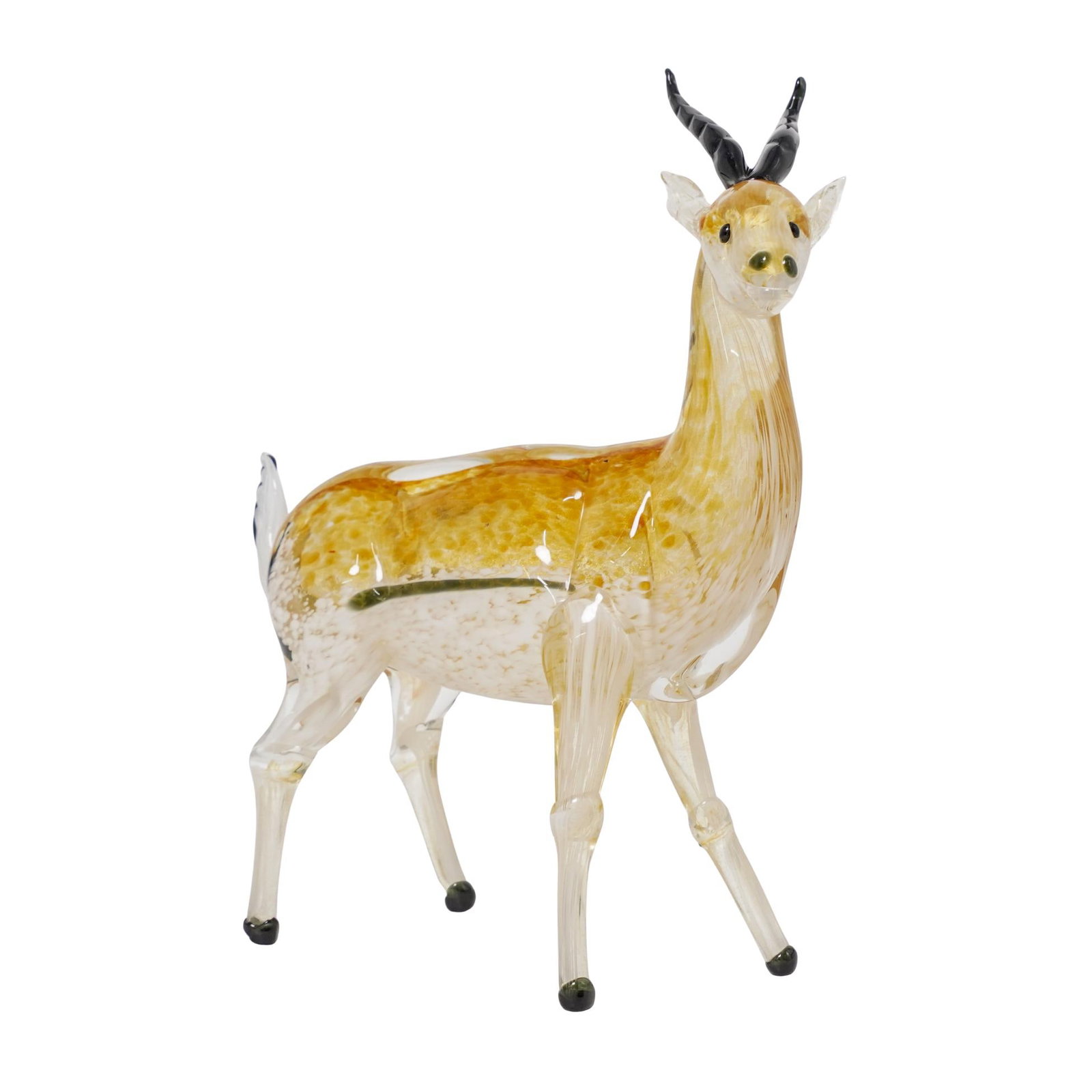 Murano Glass Gazelle Sculpture: Murano Glass Gazelle Sculpture 20th century, Italy A Murano glass gazelle sculpture in white and gold glass with black accenting. H 13 1/8" L 10 5/8" W 4"