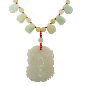 Chinese Jadeite and Coral Beaded Necklace