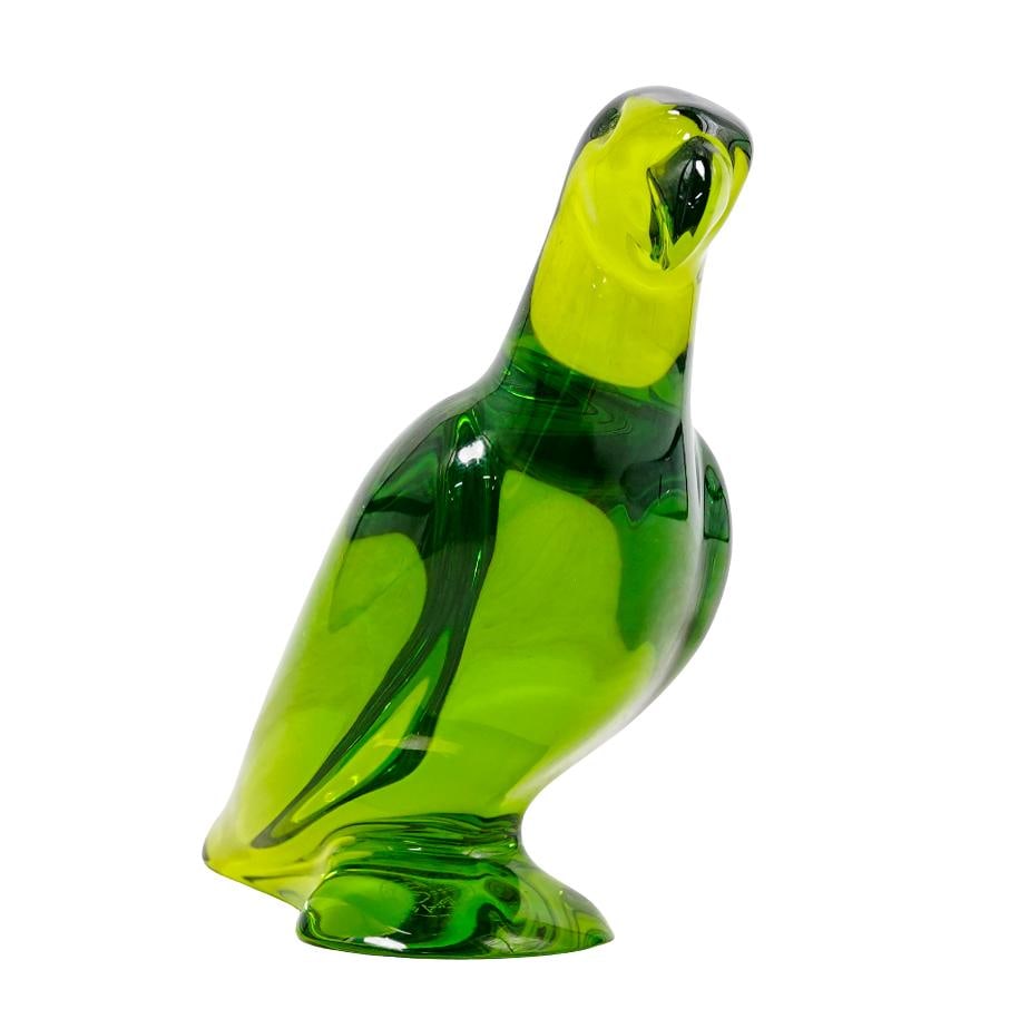 Baccarat Green Crystal "Parrot" Figurine: Baccarat Green Crystal "Parrot" Figurine 20th c., France Baccarat retired green hued crystal figurine featuring a parrot. Baccarat signature on the side and hallmark acid mark etched on the bottom. Ap