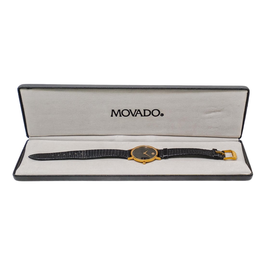 Movado Men’s Museum Gold Plated Watch.: Movado Men’s Museum Gold Plated Watch. 20th Century, Switzerland Movado Men's Museum Gold Plated Watch. With leather straps. Model 87-45-882 . Serial number 729695. Water Resistant. With original Mo