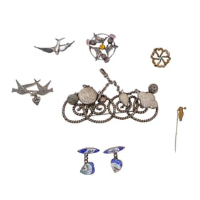 (8 Pc) Group of Victorian Silver & Brass Jewelry