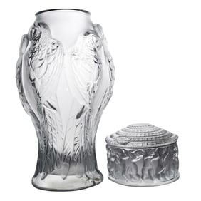 (2 Pc) Lalique Crystal 'Ara' Vase & 'Enfants' Covered Box
