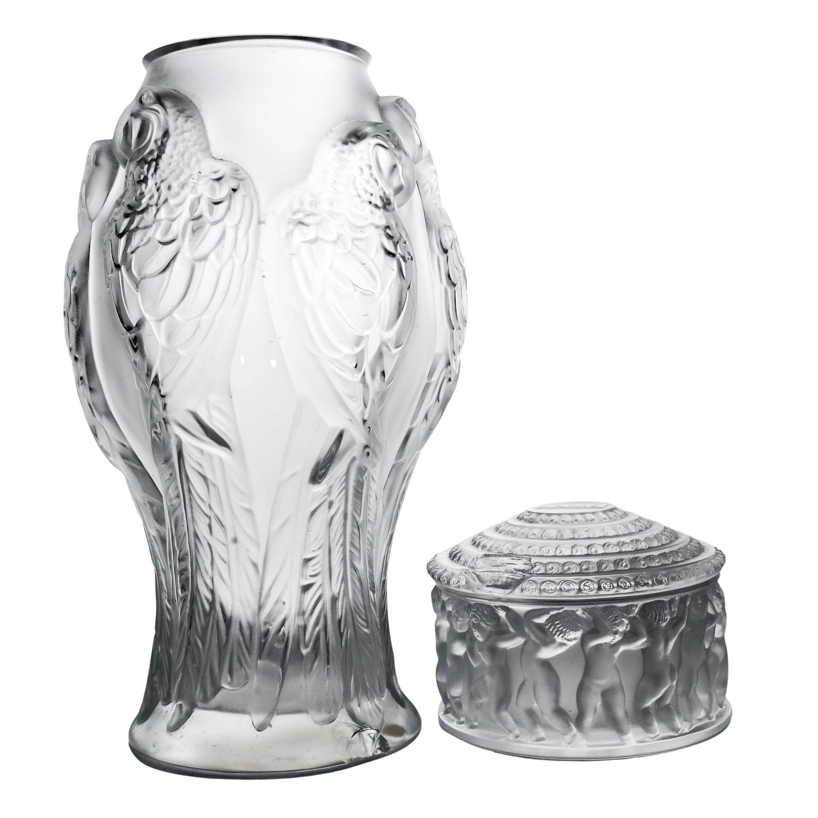 (2 Pc) Lalique Crystal 'Ara' Vase & 'Enfants' Covered Box (1 of 10)