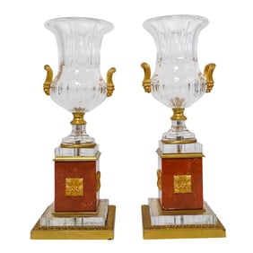 Pair of French Ormolu Bronze, Marble, and Crystal Urns
