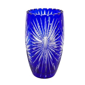 Signed Bohemian Czech Cobalt Blue Crystal Vase