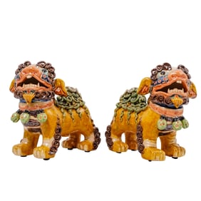 Pair of Chinese Polychrome Ceramic Foo Dogs