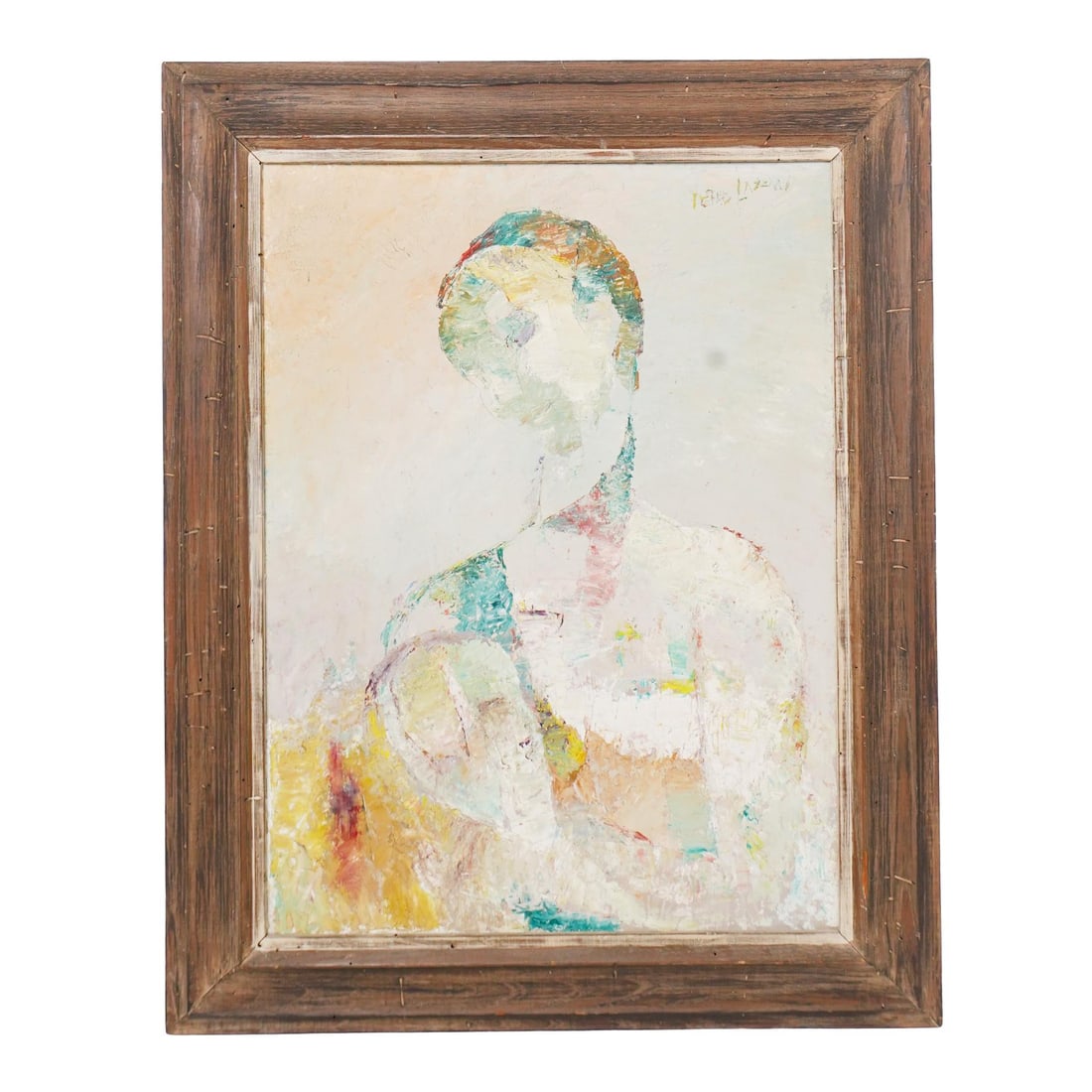 Signed Russian Mother and Child Oil Painting: Signed Russian Mother and Child Oil Painting 20th c., Russia Abstract oil painting depicting a mother holding her baby. Illegible artist signature in the top right corner. The painting is housed in a 