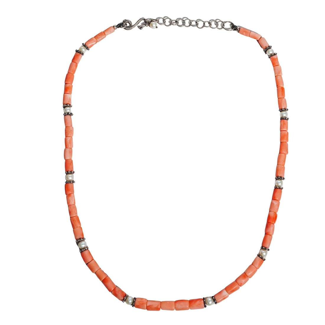 Chinese Sterling Silver and Coral Necklace: Chinese Sterling Silver and Coral Necklace 20th Century, China Chinese necklace, featuring oblong shaped coral beads, with sterling silver and round pearl spacers. Hallmarked at clasp "China BJ 925" T