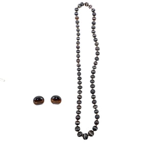 Antique Banded Agate Bead Necklace & Clip-On Earrings