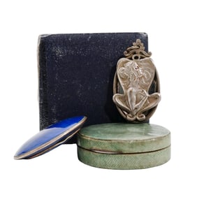 (3 Pc) Antique Pendant & Enamel Guilloche Ladies Compacts