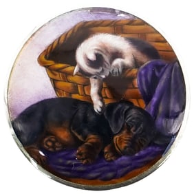 Swiss Enameled Puppy and Kitten 935 Silver Lidded Trinket Box