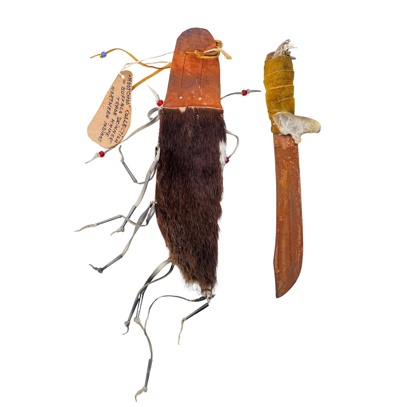Hootchoo Buffalo Skinner Trade Knife & Sheath: Hootchoo Buffalo Skinner Trade Knife & Sheath 20th c., USA Northern Native American "Hootchoo Collection" hunting knife. Ontario Knife Company steel blade with suede leather wrapped jaw bone handle. I