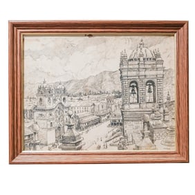 Signed Ink on Paper Townscape Etching