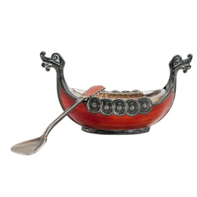 (2 Pc) Theodor Olsens Sterling Silver Viking Ship Salt Dish w/ Spoon