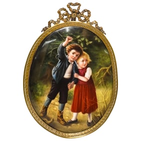 Victorian Hand Painted Porcelain Portrait of Children, Signed "Wagner"