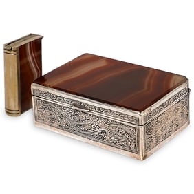 (2 Pc) Silver Banded Agate Cigarette & Match Boxes