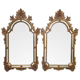 Pair of Gilt Wood Arched Floral Mirrors