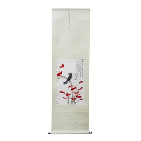 Chinese Blackbird and Red Floral Scroll