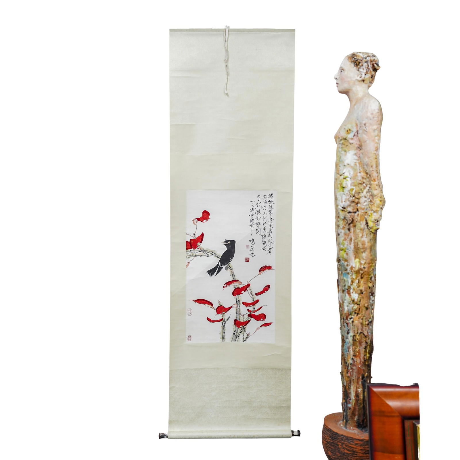 Chinese Blackbird and Red Floral Scroll (1 of 7)