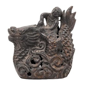 19th C. Chinese Boy Riding A Dragon Bronze Figurine