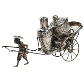 Antique Tuck Chang Chinese Export Pure Silver Rickshaw Condiment Cart