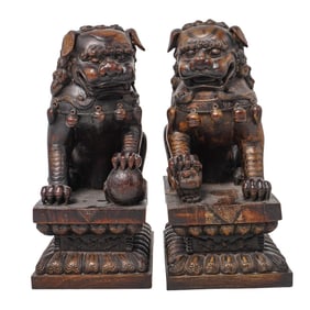 (2 Pc) Pair Of Chinese Foo Dogs Guardian Lions Sculptures