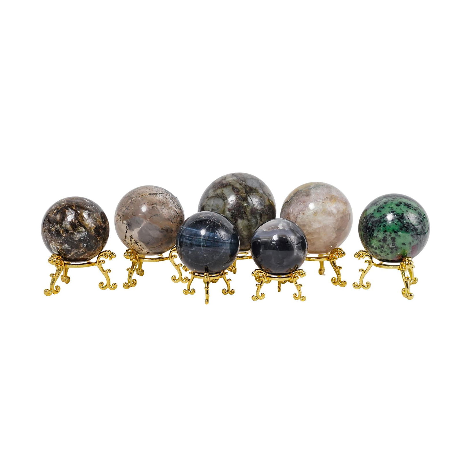 (7 pcs) Polished Stone Orbs on Gilt Stands (1 of 6)