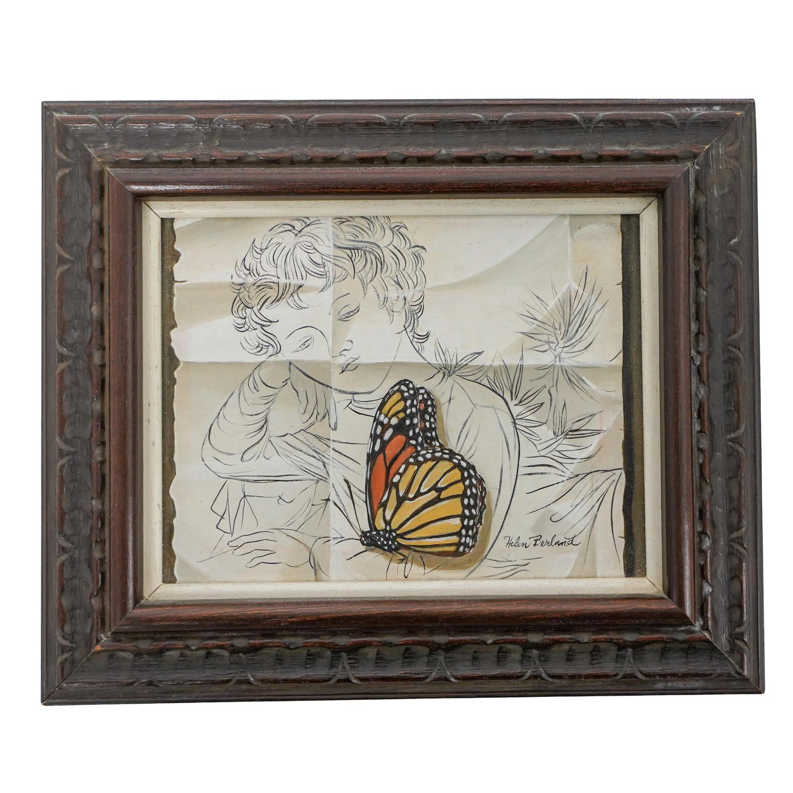 Helen Berland (American, 1915) Boy And Butterfly Painting: Helen Berland (American, 1915) Boy And Butterfly Painting 20th Century, American Helen Berland (American, 1915) painting on board, depicting a boy sketch, and a colorful butterfly. SIgned lower right 