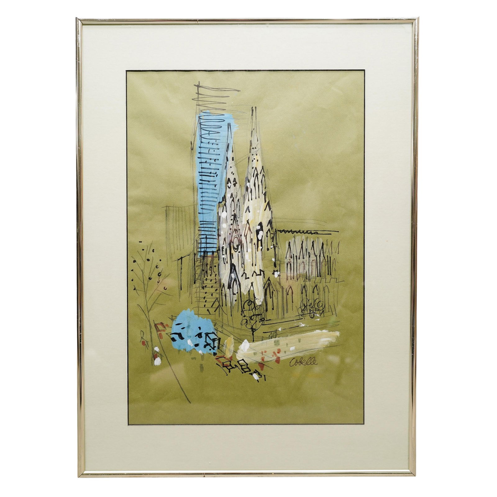 Charles Cobelle (1902-1994, French/American) Cathedral Mixed Media Painting: Charles Cobelle (1902-1994, French/American) Cathedral Mixed Media Painting20th century, French/AmericanA mixed media painting by French/American artist Charles Cobelle (b. 1902 d. 1994) depicting a P