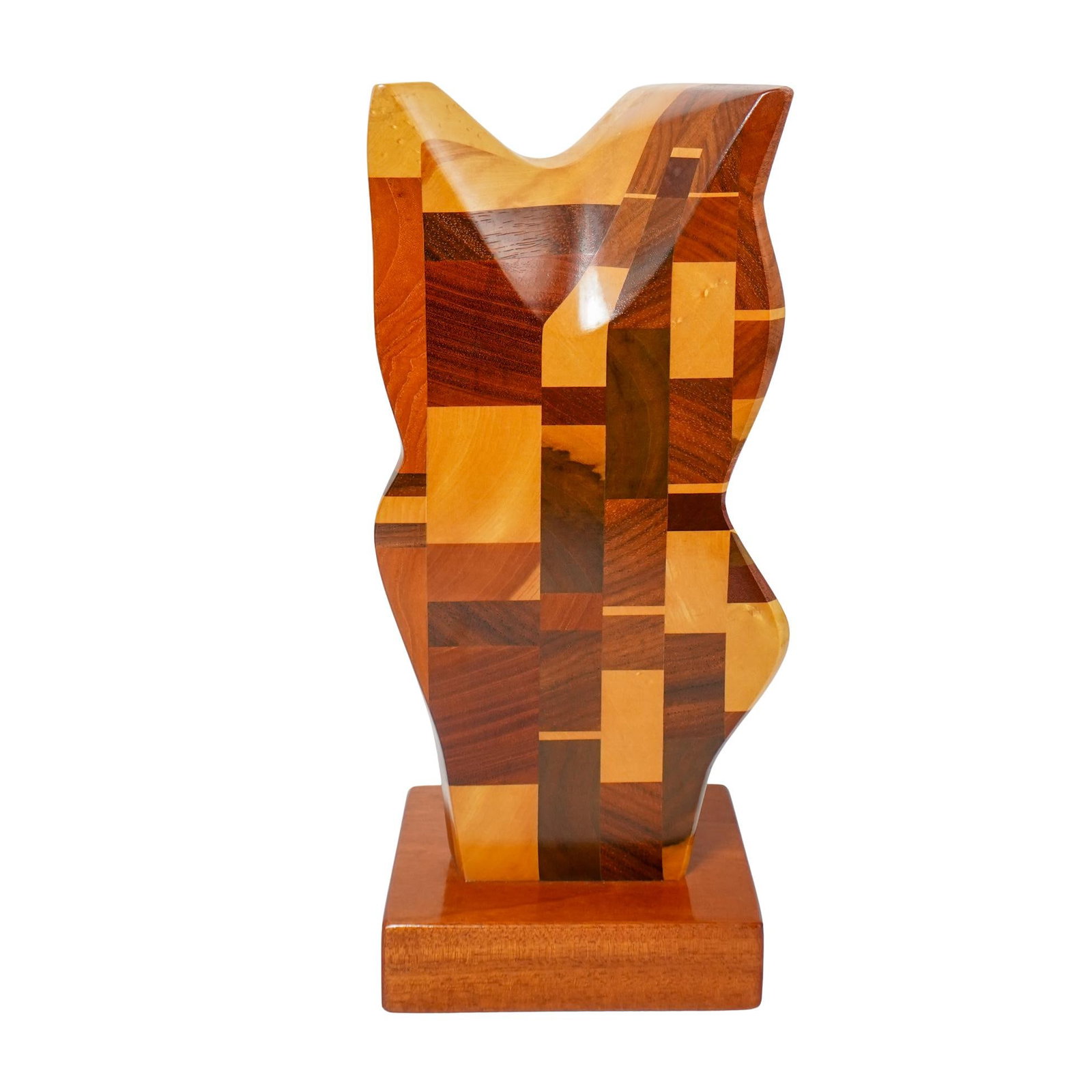 Paul LaMontagne (American) Modernist Wood Sculpture: Paul LaMontagne (American) Modernist Wood Sculpture 1980s, USA Abstract tessellated mixed wood sculpture. Artist signature carved into the bottom of the base. H: 18.25" W: 6.25" L: 7.5"