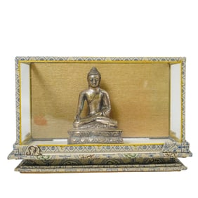 Silvered Bronze Buddha in Display Case