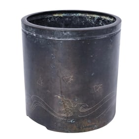 19th Century Bronze and Silver Inlay Brush Pot