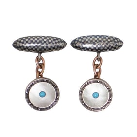 Pair of Victorian 14k Gold, Niello Silver, and MOP Cufflinks