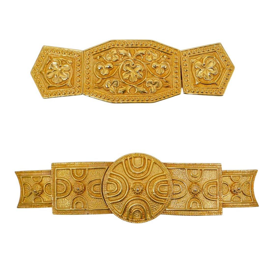 (2 Pc) Vintage Alexis Kirk Gold Tone Ornate Belt Buckles: (2 Pc) Vintage Alexis Kirk Gold Tone Ornate Belt Buckles1980s-1990sVintage Alexis Kirk gold tone metal ornate belt buckles. Marked on verso with Alexis Kirk mark. Alexis Kirk (29 December 1936 – 17
