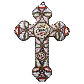 Ornate Glass Bead Mosaic Copper Cross