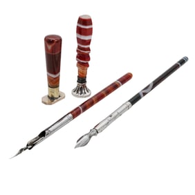 (4 Pc) Carved Agate Dip Pens and Wax Seals Set