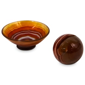 (2 Pc) Carved Agate Note Holder & Bowl