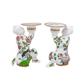 Pair of Antique Spode Chinoiserie Porcelain Candlesticks