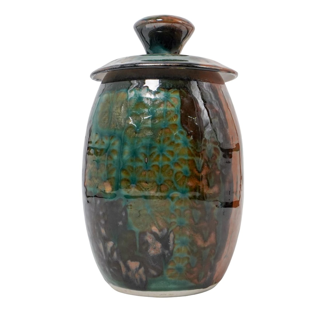 Vintage Apple Lane American Pottery Covered Tobacco Jar: Vintage Apple Lane American Pottery Covered Tobacco Jar1970s; AmericanVintage Apple Lane American pottery tobacco jar with matching lid. Signed on the underside "Apple Lane 8/77".H: 11 3/4" W: 6"