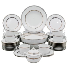 (60 Pc) Christofle Porcelain "Rubanea Grey" Dinnerware Set