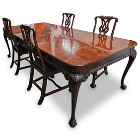 (5 pc) Chippendale-style Double Leaf Burlwood Dining Table & Chairs Set