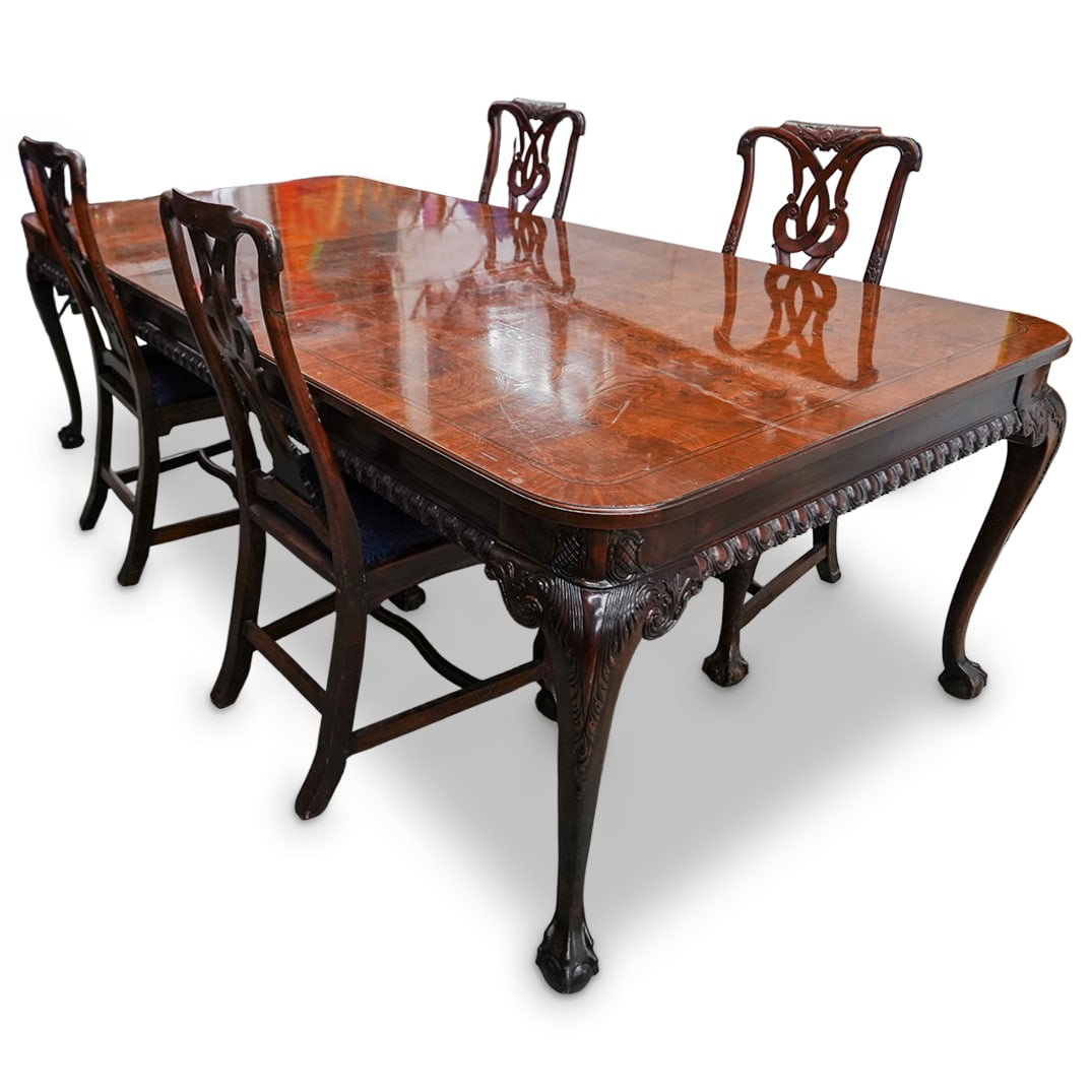 (5 pc) Chippendale-style Double Leaf Burlwood Dining Table & Chairs Set (1 of 13)