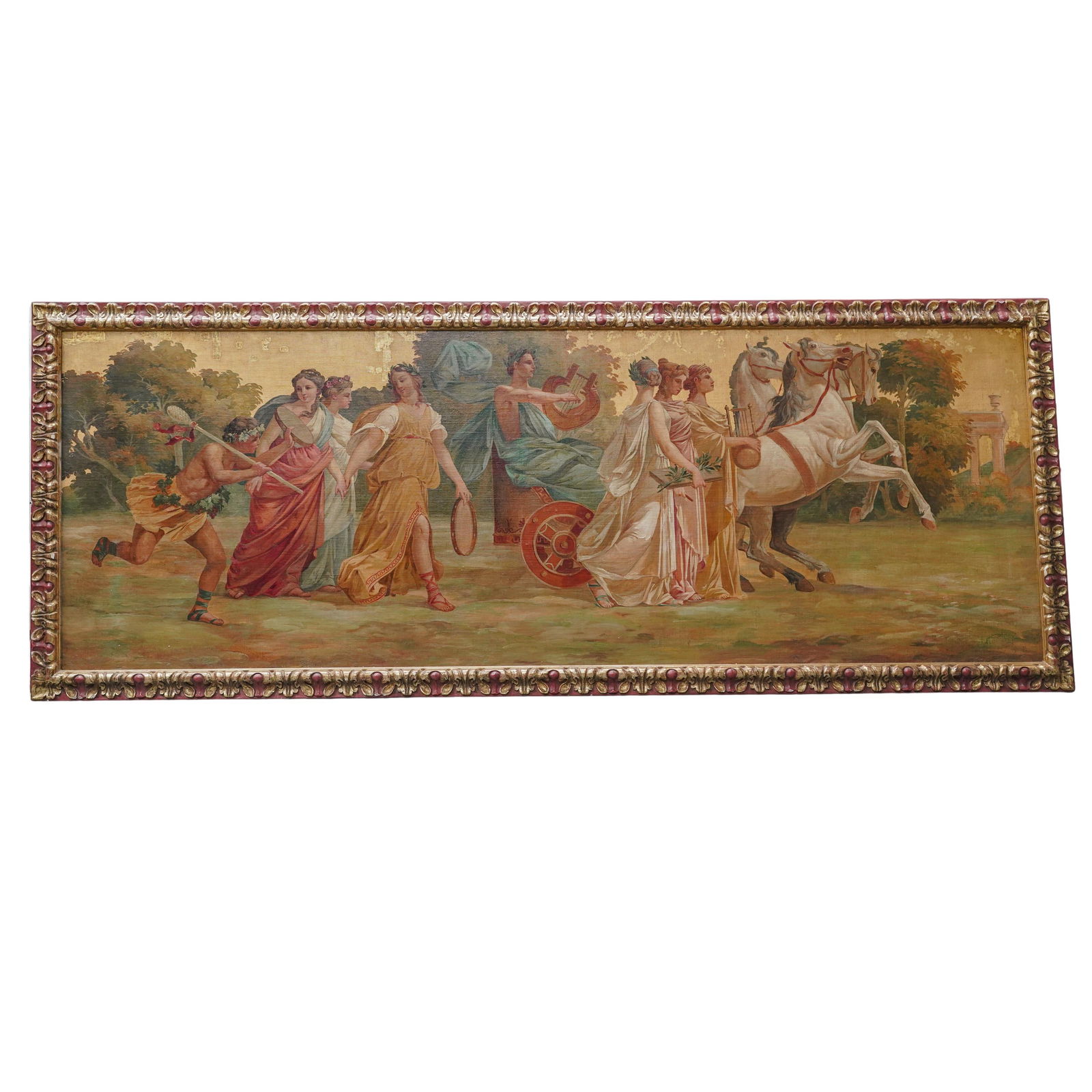19th Century Italian Procession of Bacchantes Oil on Canvas: 19th Century Italian Procession of Bacchantes Oil on CanvasLate 19th Century, ItalianA large oil on canvas painting affixed to board in the style of Italian artist Guido Reni (b. 1575 d. 1642). Depict