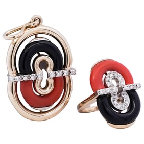 18k Gold Diamond Coral and Onyx Set