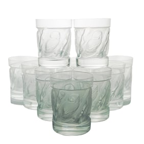 (12 Pc) Lalique Crystal 'Owl' Lowball Glasses Set