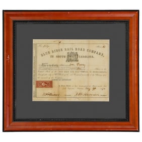 Framed Blue Ridge Rail Road Company Antique 100 Dollars Shares