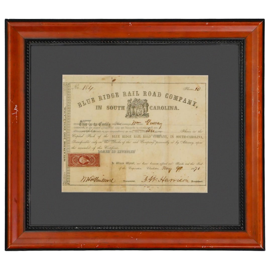 Framed Blue Ridge Rail Road Company Antique 100 Dollars Shares: Framed Blue Ridge Rail Road Company Antique 100 Dollars Shares 1870, American Framed Blue Ridge Rail Road Company In South Carolina Antique 100 Dollars Shares. Number of Shares:10. Certificate Number: